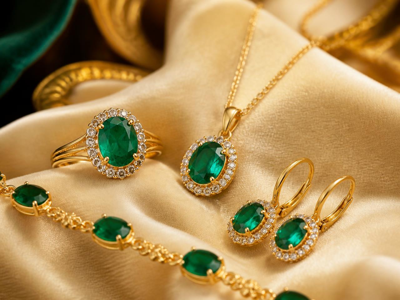 Elegant gold and emerald jewelry display on cream velvet